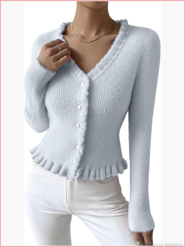 V-Neck Button Down Cropped Cardigan With Ruffle Trim
